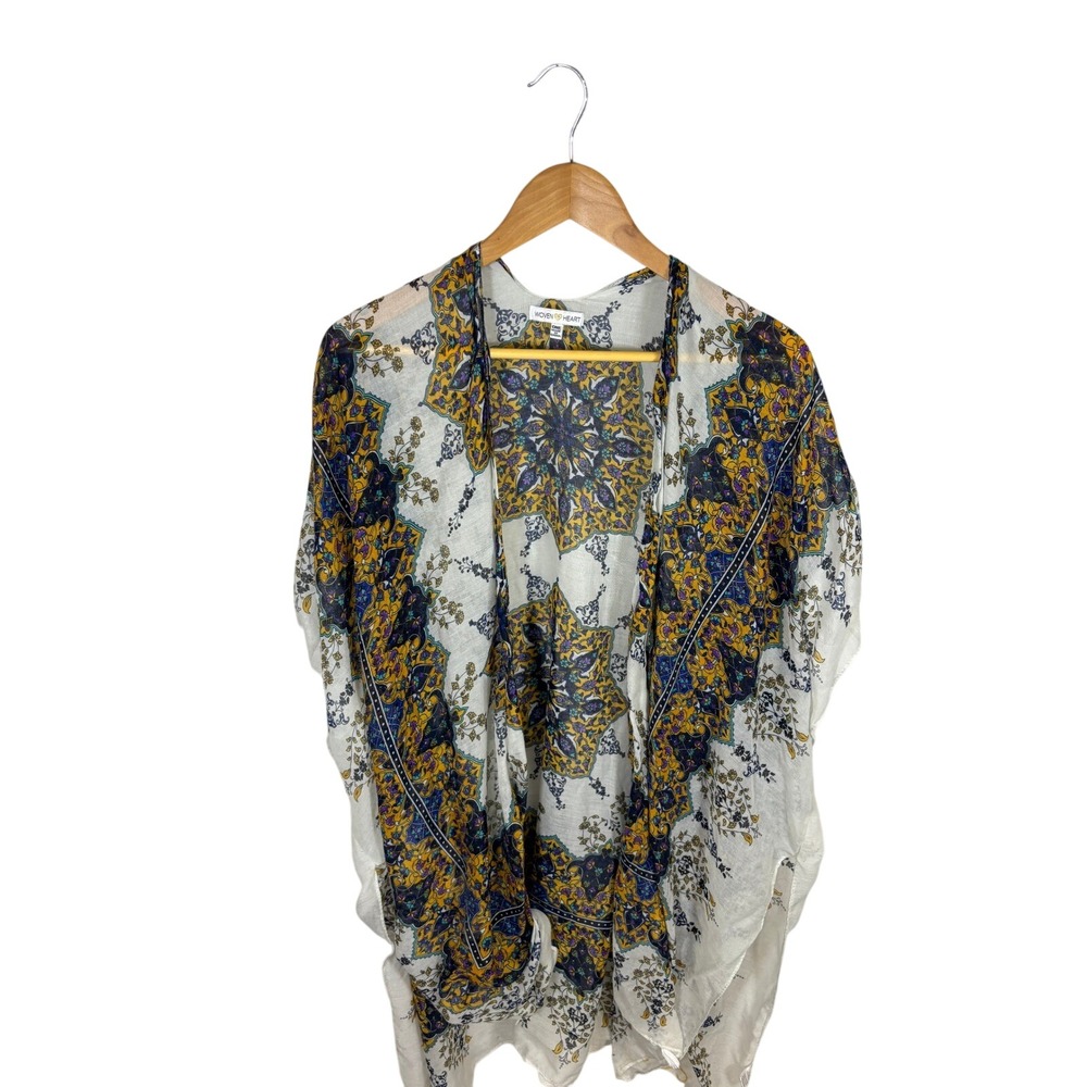 Woven Heart Kimono‎ Cardigan Womens One Size White Medallion Print Boho Sheer